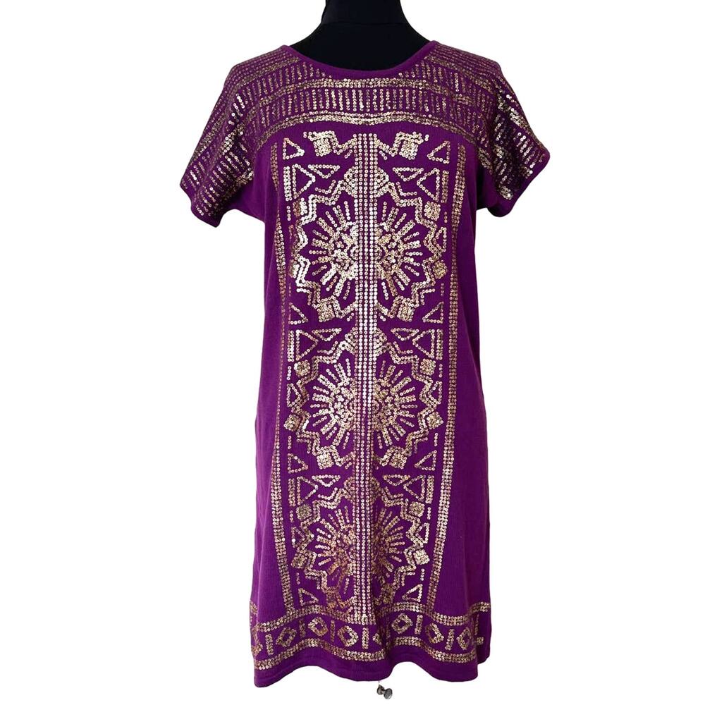 NEIMAN MARCUS Sweater Knit Purple Gold Sequins Dress Size Medium NWT